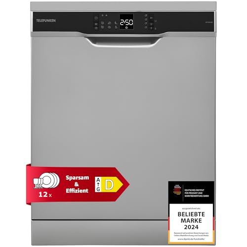 Telefunken Geschirrspüler freistehend 60 cm, Spülmaschine Silber, 12 Maßgedecke, 6 Programme, AquaStop, Startzeitvorwahl, leise 45 dB, Speed-Wash, Eco, höhenverstellbar, Besteckkorb, GFS6012DI