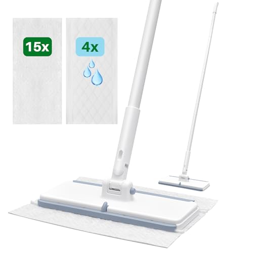 LyriFine Bodenwischer Set 2-in-1, Trocken- und Nasswischmopp mit 1s Pad-Befestigung, One-Touch Abwurf, Wischer Boden mit Wasserabzieher, für Staub, Haare, Schmutz, 15 Trockentücher, 4 Feuchttücher