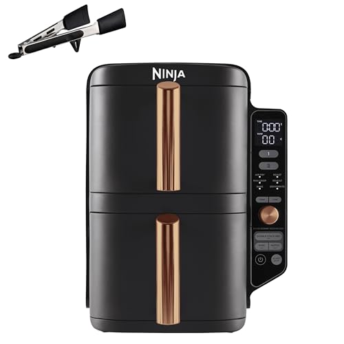 Ninja Double Stack XL Heißluftfritteuse, 2 vertikale Schubladen, 4 Kochstufen, 2 Einschübe, platzsparendes Design, 9,5 L Fassungsvermögen, 6 Funktionen, 8 Portionen, Zange, Schwarz/Kupfer SL400EUCP