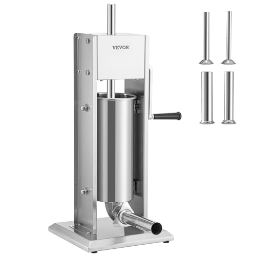 VEVOR Manueller Wurstfüller Wurstfüllmaschine 5 L, Edelstahl + Aluminium Professionelle Silberne Wurstmaschine inkl. 37/30 / 21/15 mm Füllrohre, 2-Gang-Getriebe Vertikale Wurstpresse Handkurbel