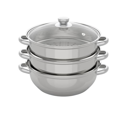JJsdwin 3 Etagen Edelstahl Dampfgarer Topf, 28 cm Kartoffeldämpfer Mit Glasdeckel Spülmaschinen Geeignet, Dampftopf für Induktionsherd, Elektrische Keramikherde, Silber