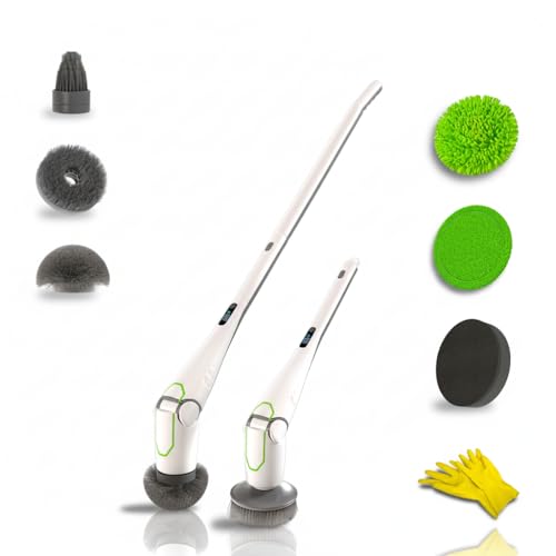 InYourCase Reinigungsbürste elektrisch Spin Scrubber. Drahtlos, aufladbar, verlängerbar, wasserfest. Display, Gestell, 6 Bürstenaufsätze, Putz-Handschuhe. Schrubben für Haushalt, Bad, Dusche, Küche