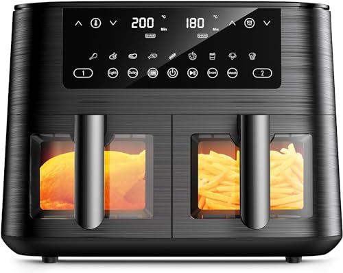 Heißluftfritteuse 2 kammern mit Sichtfenster, 9L Airfryer, 2 Fächer, 9-in-1, Touchscreen, Spülmaschinenfeste Körbe, Antihaftbeschichtete Frittierkörbe, Gesunde Friteuse ohne Öl und fettarmes Kochen