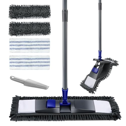 Myiosus Bodenwischer, Wischmopp, 360° Drehung Wischer Boden mit 128cm Teleskopstiel, Chenille Flachmopp mit 4 Pads, Mikrofaser Boden Wischer für Hartholz Laminat Fliesen, Flecken schnell entfernen
