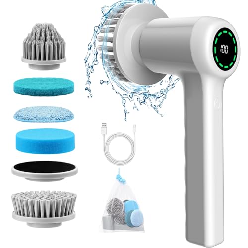 Elektrische Reinigungsbürste, Electric Cleaning Brush mit Led Anzeige, Spin Scrubber mit 5 Bürstenköpfe,Handheld Cleaning Brush für Bade, Haushalt,Boden, Fliesen, Küche, Autoreifen, 2 Modi