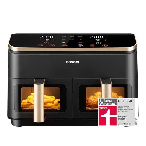 COSORI Airfryer, Testsieger der Stiftung Warentest, Heißluftfritteuse 2 Kammern, 8,5L Heißluftfritteuse mit Sichtfenster, Innenraum aus Metall reduziert Kunststoffkontakt