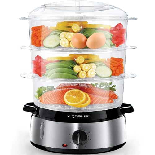 Aigostar Dampfgarer mit Timer 9L, 3-Etagen Stapelkörbe Reisschale, 800W Dampfgarer Elektrisch, automatische Abschaltung, Edelstahl BPA frei, silber/schwarz. EINWEGVERPACKUNG.