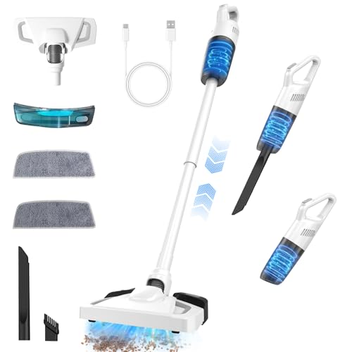 Anluomafuy Akku Staubsauger mit Wischfunktion, Stabstaubsauger beutellos mit Anti-Tangle-Bodenbürste, 2-in-1 Staubsauger kabellos für Zuhause, für Hartböden Teppich Tierhaare und Auto