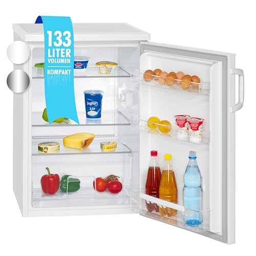 Bomann Kühlschrank ohne Gefrierfach mit 133L Nutzinhalt und 3 Ablagen | klein mit Gemüsefach & wechselbarem Türanschlag | Tischkühlschrank leise mit LED Innenbeleuchtung | VS 2195.1 weiß