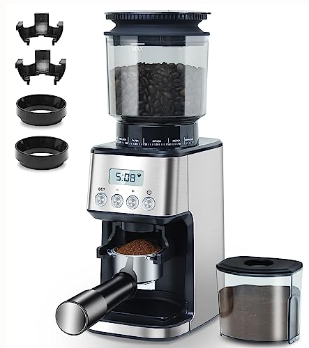 Homtone Elektrische Kaffeemühle Edelstahl-Kegelmahlwerk, 51-stufige Einstellbare Mahlgrad Kaffeemühle Espressomühle, Automatische Kaffeemühle für Siebträger, Schwarz/Edelstahl