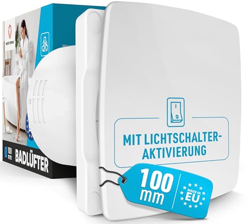 MEISTERBAU Badlüfter mit Lichtschalter-Aktivierung [Made in Europe] - Leiser Lüfter 100mm Durchmesser - Effizienter Abluftventilator zur Wandmontage inkl. Schrauben und Dübel - Bad & Dusche - weiß