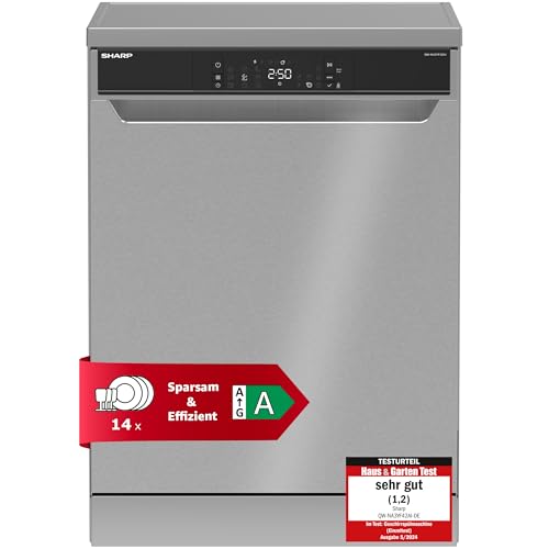 Sharp Geschirrspüler 60 cm freistehend | Spülmaschine | 14 Maßgedecke | 9 Programme | AquaStop | Auto-Door | Inverter Motor | leise 42 dB | Geschirrspüler 60cm | QuickWash | EcoWash | QW-NA3YF42AI-DE