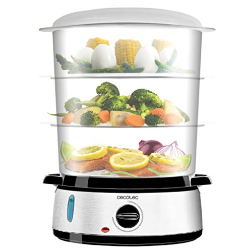 Cecotec Elektrischer Dampfgarer Vapovita 3000 Inox, 3 Unabhängige Behälter, Reisschale, 60 Min Timer, 2 seitliche Wassereinlässe, Grau, 800W, BPA-frei, Spülmaschinengeeignet, Edelstahl, 9L Kapazität
