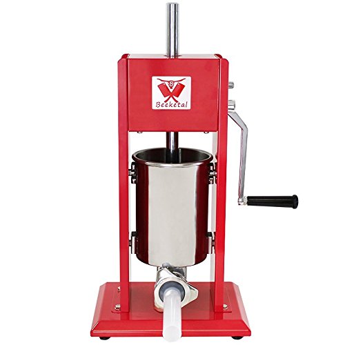 Beeketal 'MT03' Profi Gastro Wurstfüllmaschine (3 Liter) SGS-geprüft, Wurstfüller mit 2 Gang Vollmetall-Getriebe und Handkurbel, Gehäuse aus Stahl (rot lackiert), inkl. 4 Fülltüllen