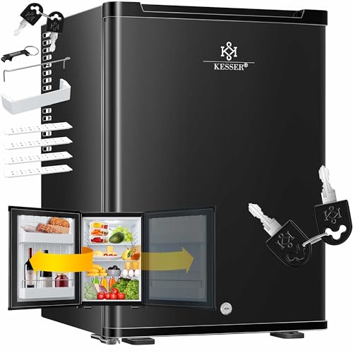 KESSER® Mini Kühlschrank 40L abschließbar Minibar ideal für Camping, Büro, Schlafzimmer, Hotel, Küche kleiner Kühlschrank komplett lautlos, wechselbarer Türanschlag, Innenbeleuchtung inkl. Glasöffner