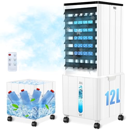 Klimagerät ohne Abluftschlauch, 12L 60W Klimaanlage Mobil mit 12H Timer, 3 Modus, 40dB, 120°Oszillation, Abnehmbare Wassertank, Fernbedienung, Leise Luftkühler Air Conditioner für Wohnung Zimmer Räume