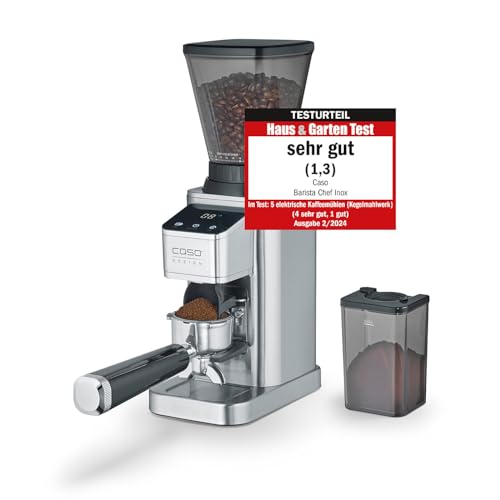 CASO BaristaChef Inox - elektrische Kaffeemühle, Testurteil: Sehr Gut, Edelstahl-Kegelmahlwerk, mit Siebträgerhalterung, 48 präzise Mahlgradstufen, für Siebträgermaschinen und Espressomaschinen