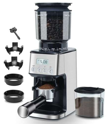 Homtone Elektrische Kaffeemühle Edelstahl-Kegelmahlwerk, 51-stufige Einstellbare Mahlgrad Kaffeemühle Espressomühle, Automatische Kaffeemühle für Siebträger, Edelstahl, Silber