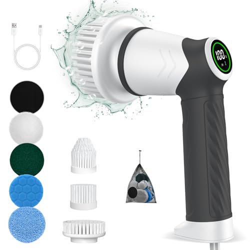 Elektrische Reinigungsbürste, Reinigungsgerät für Haushalt, Kabellos Power Spin Scrubber mit 7 Bürstenköpfen, Drehschrubber 2 Geschwindigkeiten Perfekt für Reinigung von Fliesen, Duschen, Glas, Bad