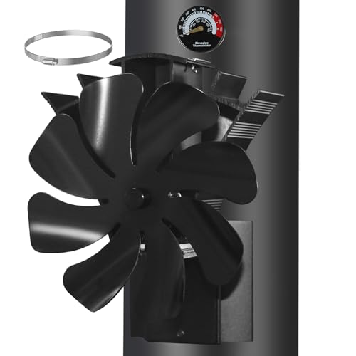 Ofenventilator Magnetisch, Kaminventilator 8 Flüge, Ofenventilator Ohne Strom, Leiser Kamin Ventilator Kaminlüfter für Holz/Brennholz/Feuerstelle/Ofenrohr Mit Thermometer und 1pcs Ersatzteil Ring