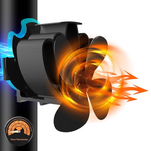 Magnetisch Kaminventilator 4 Flügel Ofenventilator Ohne Strom Leiser Kaminlüfter für Kamin/Ofen/Holz/Ofenrohr Mit 2pcs Magnete & Ersatzring & Temperaturbalken