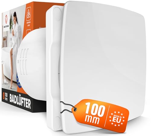 MEISTERBAU Badlüfter mit Feuchtigkeitssensor & Nachlauf [Made in Europe] - Leiser Lüfter 100mm Durchmesser - mit Nachlauf - Effizienter Abluftventilator - Bad & Dusche