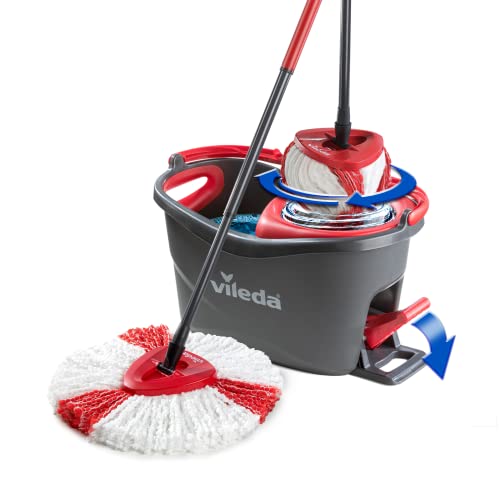 Vileda Turbo Wischmopp Komplett Set , Bodenwischer mit Teleskopstiel, Mikrofaser Moppkopf mit Kraftfasern und Eimer mit Powerschleuder, schnell und reinigungsstark, Stiellänge 75-130cm