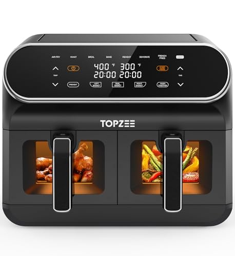 TOPZEE 8L Airfryer, Heißluftfritteuse 2 Kammern mit Sichtfenster, 8-in-1 Voreingestellte Programme, Spülmaschinenfeste Antihaft-Körbe, Schwarz
