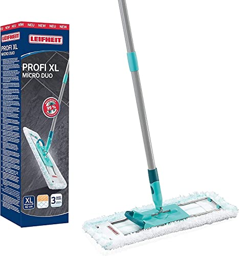 Leifheit rückenschonender Bodenwischer Profi XL Micro Duo, Stahlstiel 146cm, Wischmopp mit Fußklick, Mikrofaser Bezug für Fliesen und Laminat, 360° Drehgelenk, Click-System, umweltfreundlicher Karton