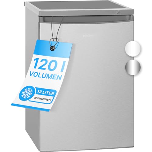 Bomann® Kühlschrank mit Gefrierfach | Kühlschrank klein mit 120L Nutzinhalt | Kühlen 107L & Gefrieren 13L | Fridge mit 3 Türablagen & 2 Glasablagen | wechselbarer Türanschlag | KS 2184.1 inox