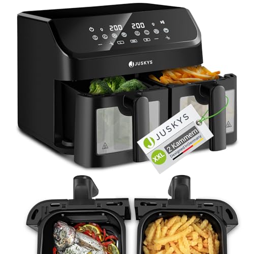 Juskys Heißluftfritteuse 9 L Doppelkammer - XXL Fritteuse mit 2 Körben, 9 Programme, Smart Finish, beschichtet