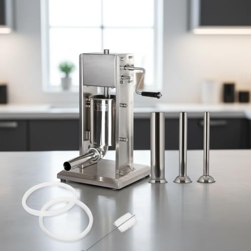 Mucola Wurstfüller 7 Liter Edelstahl | Manuelle Wurstmaschine vertikal mit 4 Füllrohren 16–38 mm | 2-Gang Getriebe, ergonomische Handkurbel | Wurstpresse für Bratwurst usw. | inkl. Zubehör