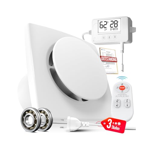 SBONNI Badlüfter mit Feuchtigkeitssensor Temperatursensor Timer - 3 Stufen WC Lüfter 100mm mit Fernbedienung, Echtzeit Feuchtigkeit und Temperatur, Stark Lüftung und Leise Abluftventilator Bad P119