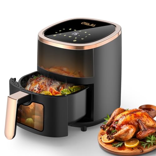 Heißluftfritteuse 6L Airfryer mit 8 Programme, Rapid Air Heißlufttechnologie, Touchscreen, Sichtfenster, Max 200°C, 1200 W, Spülmaschinenfest, Fritteuse ohne Öl, Grillen,Backen,Braten (Schwarz)