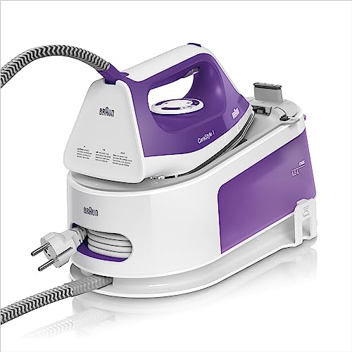Braun CareStyle 1 IS 1014 VI Dampfbügelstation, SuperCeramic Bügelsohle, 3 Thermostat-Einstellungen, Vertikaldampf-Funktion, Easy CalcClean, Dampfstoß 360 g/min, 1,5 L Wassertank, 2200 W, Weiß-Lila