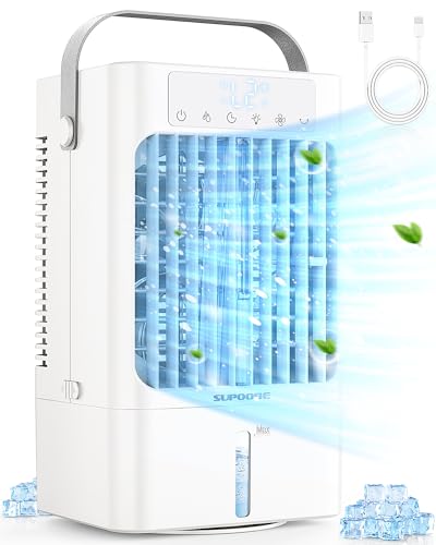 Klimaanlage Mobil, 4-in-1 Mobiles Klimagerät, 900ml Wassertank Luftkühler mit Wasserkühlung, 3 Windgeschwindigkeiten & 2 Feuchtigkeits Modi, 90°Oszillation, Timer, 7 Farben Licht für Zuhause