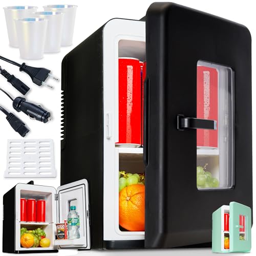 TOM 2in1 Mini Kühlschrank mit Kühl- und Heizfunktion– 15 Liter – Tragbare leise Kühlschränke – für Auto, Camping, Wohnmobil, Gaming, Kosmetik & Co – Schwarz & Mint – Mini Kühlschrank - PLUS Geschenk
