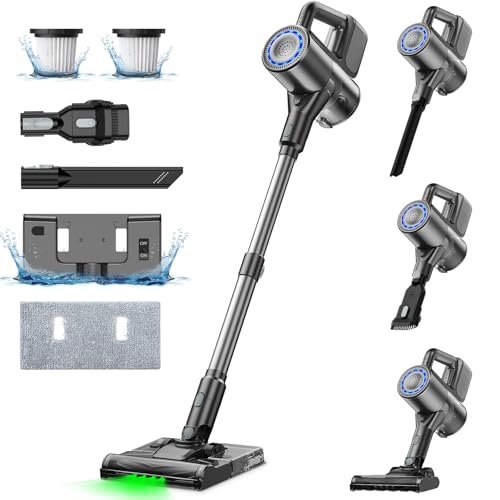 Staubsauger mit Wischfunktion, 40000Pa Akku Staubsauger kabellos, Saug und Wisch staubsauger mit starkem grün Licht, Akkusauger Freistehend, lange Laufzeit, leiser Staubsauger für Hartböden, Tierhaare