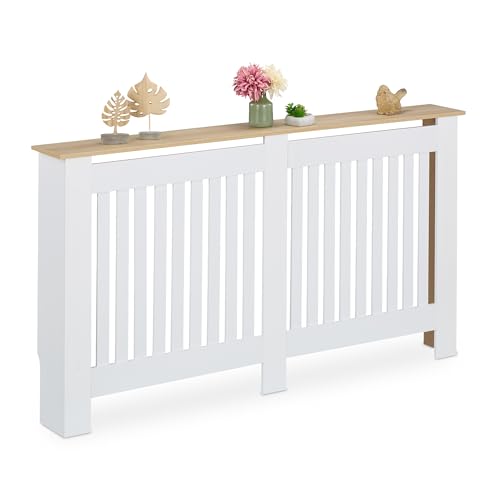 Relaxdays Heizkörperverkleidung, Lamellen, HBT 83x152x19 cm, für alte Heizkörper, Heizungsabdeckung mit Regal, MDF, weiß, XL