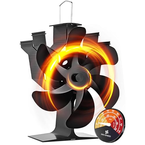 Kaminventilator, 6 Flügel-Ofenventilator Stromloser Leiser Betrieb, Wärmebetriebener Ventilator mit Thermometer, Kaminöfen Ohne Strom Hitzebetrieben Kamin Ventilator für Holz/Holzbrenner/Kamin Erhöht…