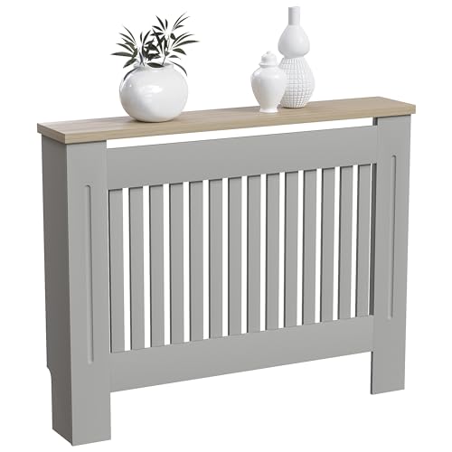 Vida Designs Arlington Heizkörperabdeckung, modern, grau lackiert, MDF-Schrank, Lamellen, Rillen, oberes Regal aus Holz, mittelgroß