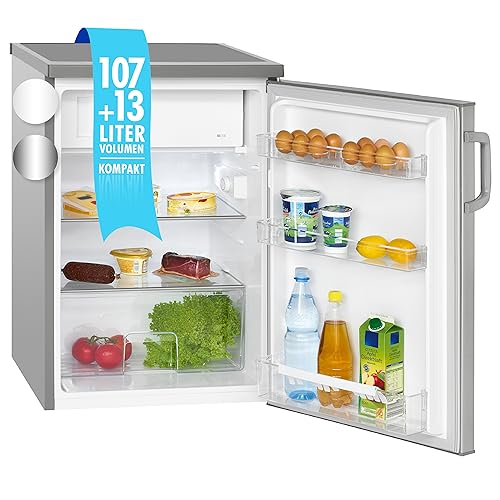 Bomann Kühlschrank mit Gefrierfach | Getränkekühlschrank mit 120L Nutzinhalt und 2 Glasablagen | Türanschlag wechselbar | kleiner Kühlschrank mit stufenloser Temperaturregelung | KS 2194.1 inox