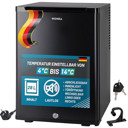 WONEA 28 Liter Mini Kühlschrank, lautlos, Minikühlschrank mit Schloss, Minibar abschließbar geräuschlos, Türanschlag wechselbar, ca. 4°-14°C Höhe 48cm, Innenraumbeleuchtung, Weinkühlschrank,