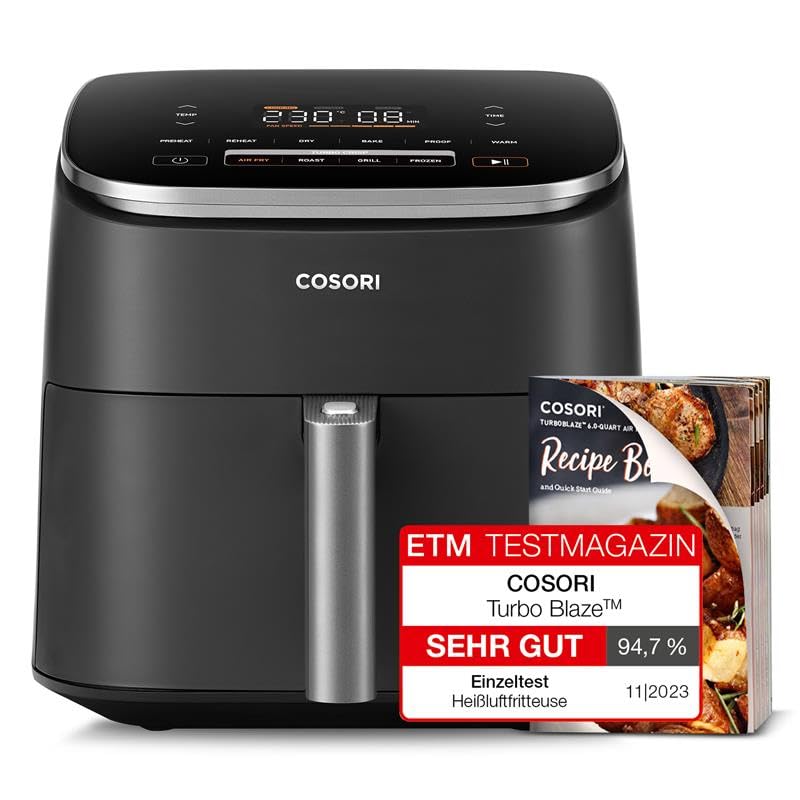 Cosori Turboblaze Heißluftfritteuse Airfryer, 9-in-1 Air Fryer XXL 6L, leiser DC Motor mit 5 Geschwindigkeitsstufen, Grillen, Backen, Gären, Dehydrieren, Tiefkühlen, 87 Rezepte, 64% energiesparend