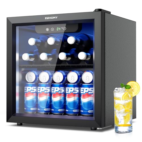 EUHOMY Getränkekühlschrank, Mini Kühlschrank mit Glastür, Bierkühler, Tisch-Getränkekühlschrank für 55 Dosen, Schwarz Freistehender Kühlschrank mit LED, 43dB, für Büro, Zimmer, Bar, 37L, Geräuscharm