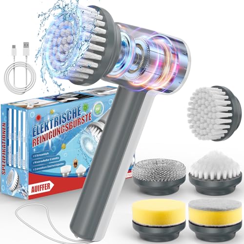 Elektrische Reinigungsbürste Haushalt, 2024 Neu Akku Reinigungsbürste Elektrisch Bad mit 5 Bürstenköpfen 1 TYP-C Kabel, für Badewanne Fliesen Wanne Grill Küche, Aschfarben