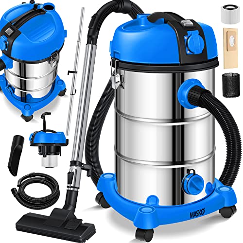 MASKO® Industriestaubsauger Staubsauger Nass Trocken Sauger Edelstahl 2300W + Steckdose | Blasfunktion | Push&Clean | Industrie-Sauger mit & ohne Beutel | Inkl. Wechselfilter | beutellos Blau